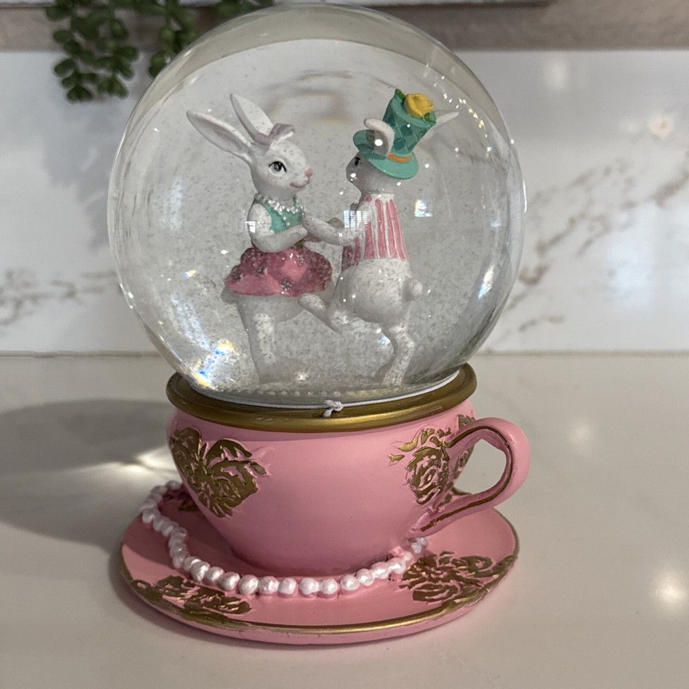 Pink Tea Cup & Saucer Easter Rabbit Snow Globe