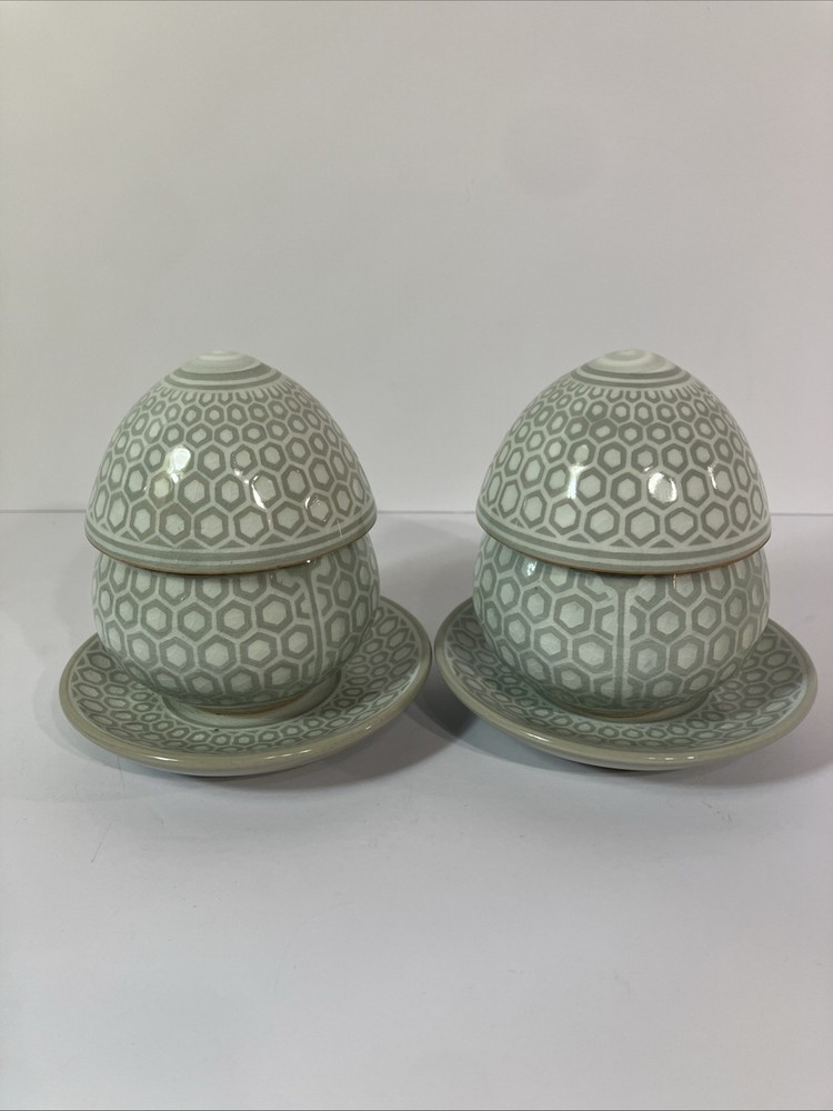 (2) Two Ceremonial Hexagonal Tea Cup Saucer Infuser Lid