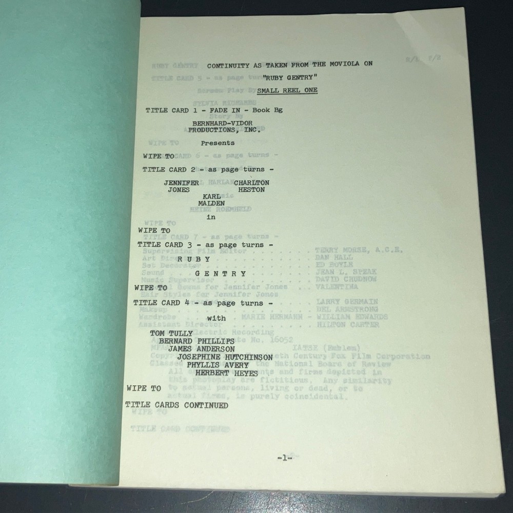 RUBY GENTRY (c1952) Heston/Jones - Scarce Moviola Continuity / SELZNICK +COA!