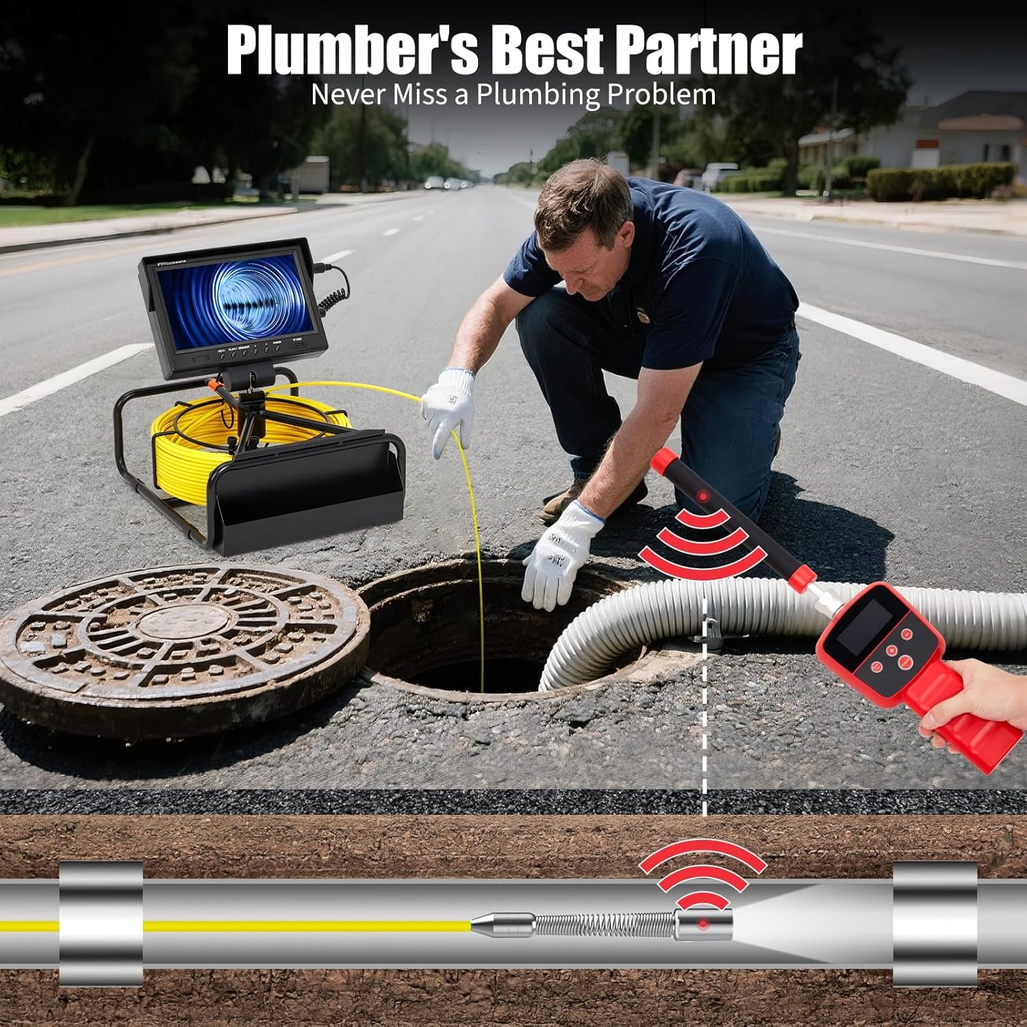 Sewer Camera 100FT/30m Self-Leveling Drain Camera with 512Hz Locator 9” Screen