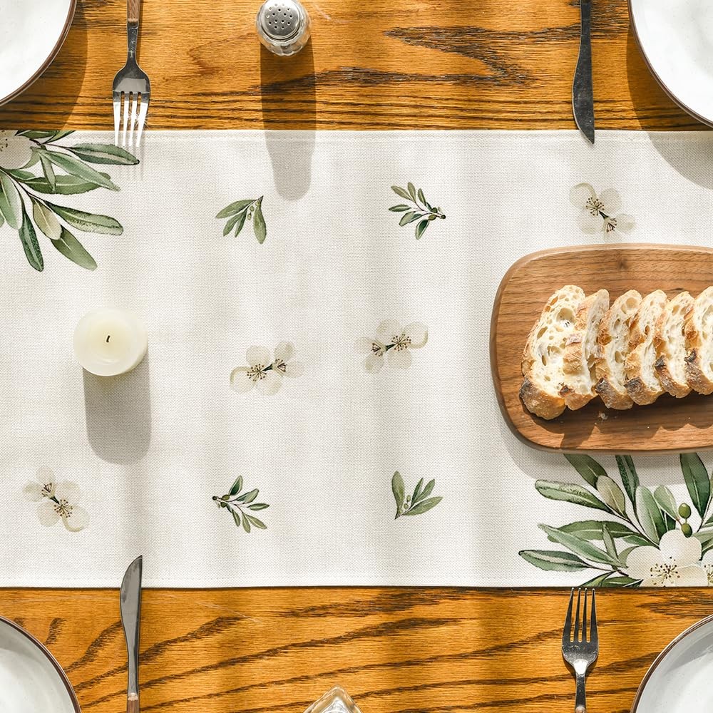 Cross Olive Leaves Spring Table Runner,Seasonal Summer Easter Kitchen Dining Tab