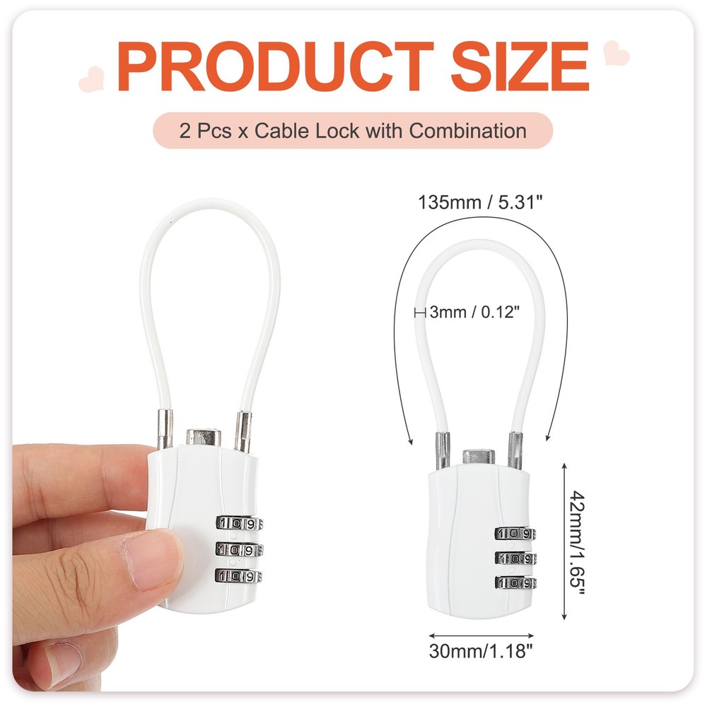 2 Pcs 3 Digit Luggage Cable Combination Lock with 5" Long Cable, White