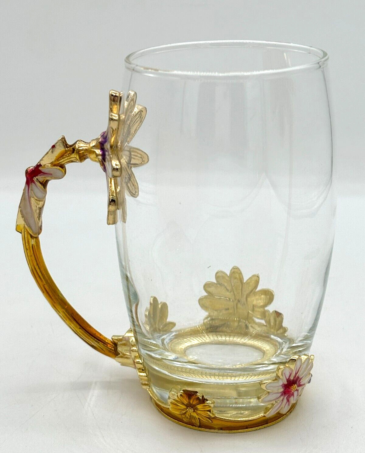 Luxury Glass 12oz Teacup Set Enamel Flower Handle and Base With Teaspoon Coaster