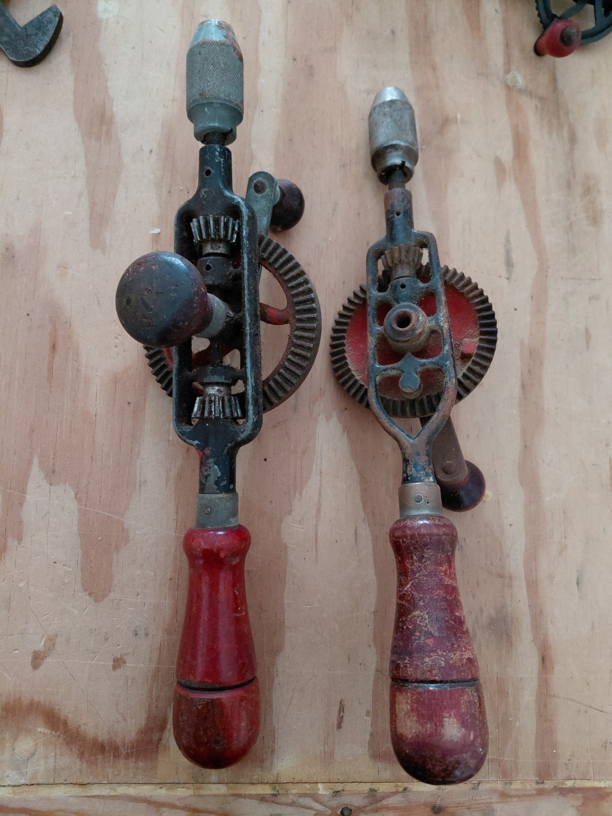 2 Antique Hand Crank Eggbeater Drill Wood Handles Manual Tools