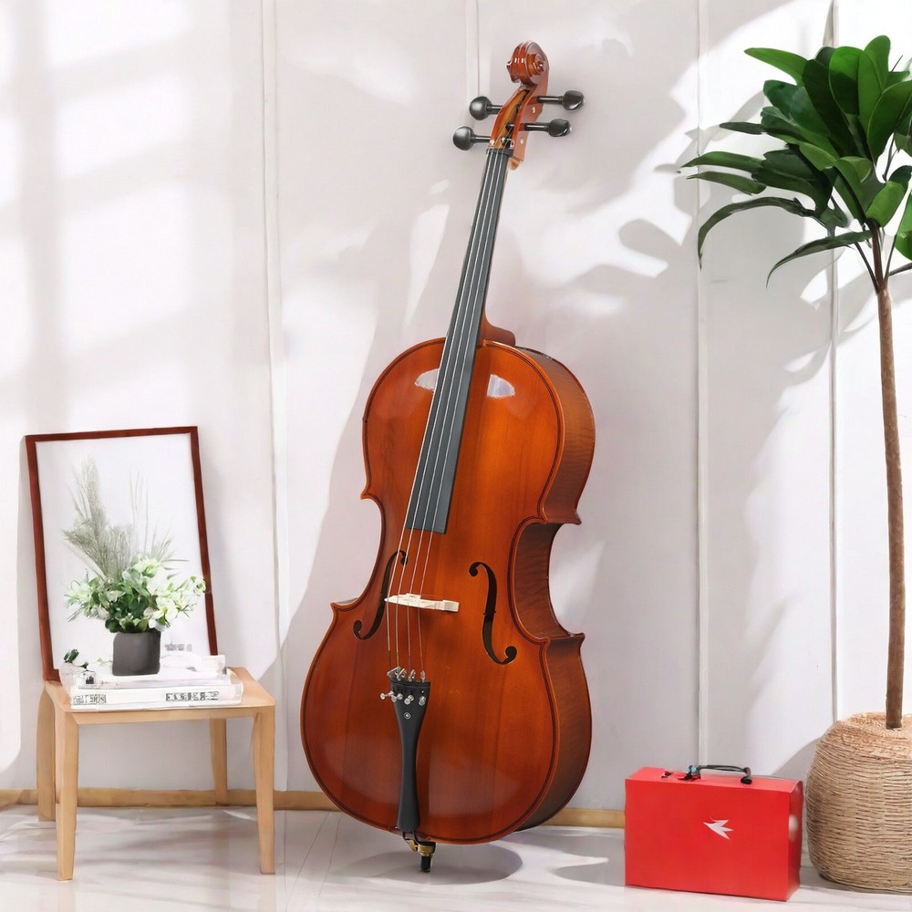 Natural Full Size 4/4 Acoustic Cello Set w/ Spruce Panel & Tiger Pattern Process