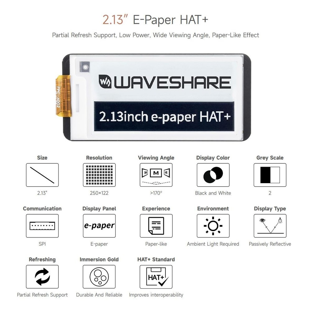 Waveshare 2.13inch E-Paper, Compatible with Raspberry Pi 5/4B/3B+/3B/ black