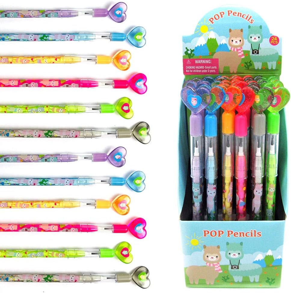 24 Pcs Llamas Multi Point Stackable Push Pencil Assortment with Eraser for Llama