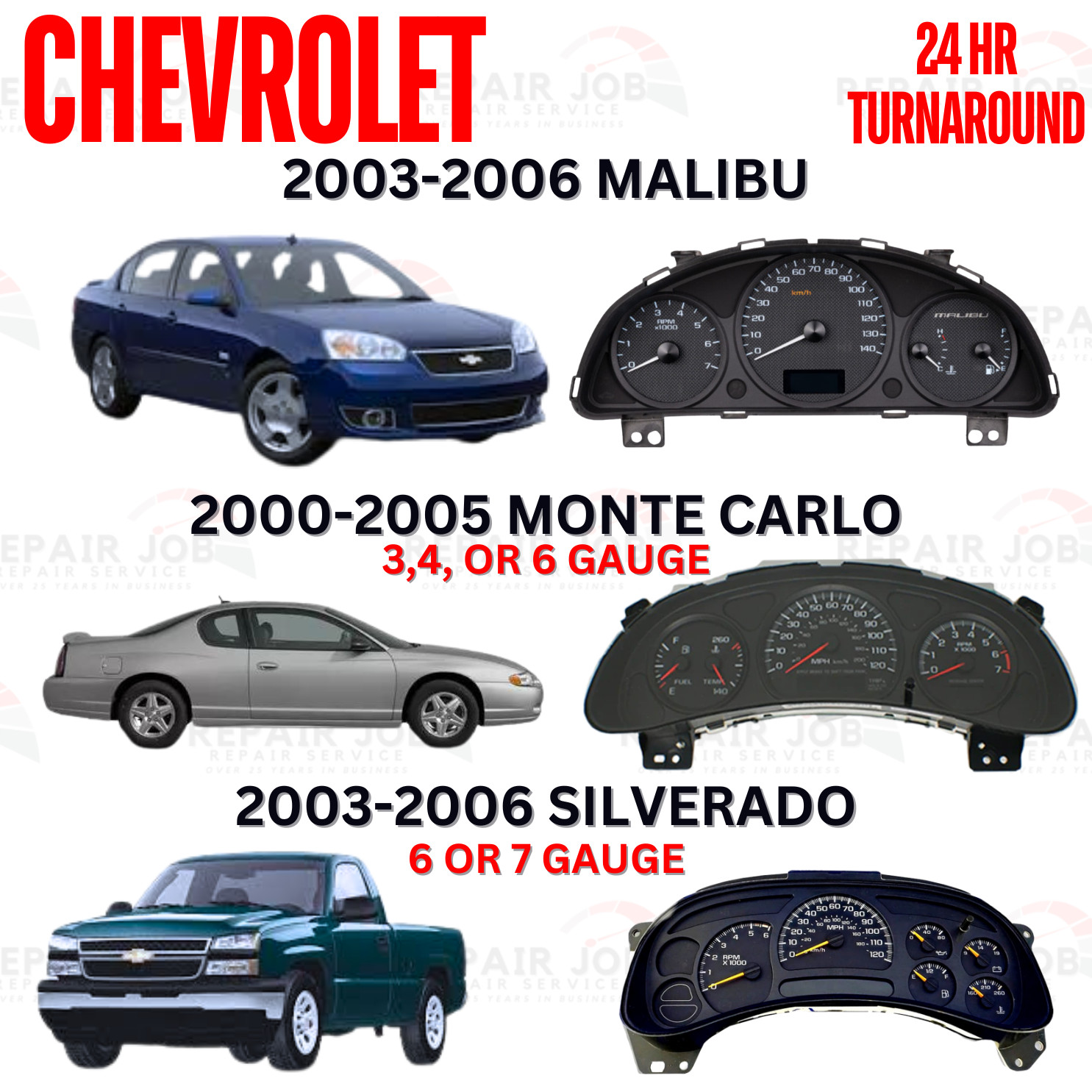 03-07 GM Chevy Sierra Silverado Tahoe Dash Cluster Full Rebuild Repair Service .