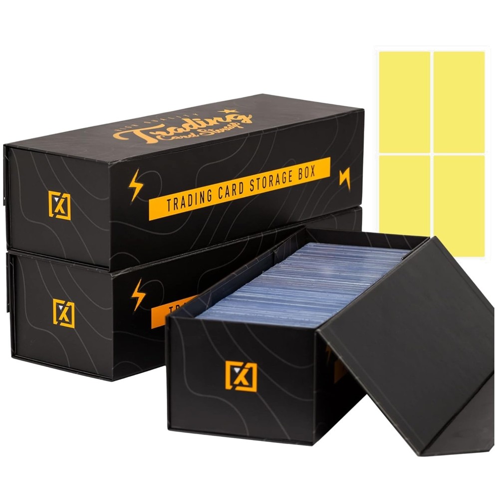 Stackable Trading Card Storage Box - 3 Pack with Magnetic Closure & Labels