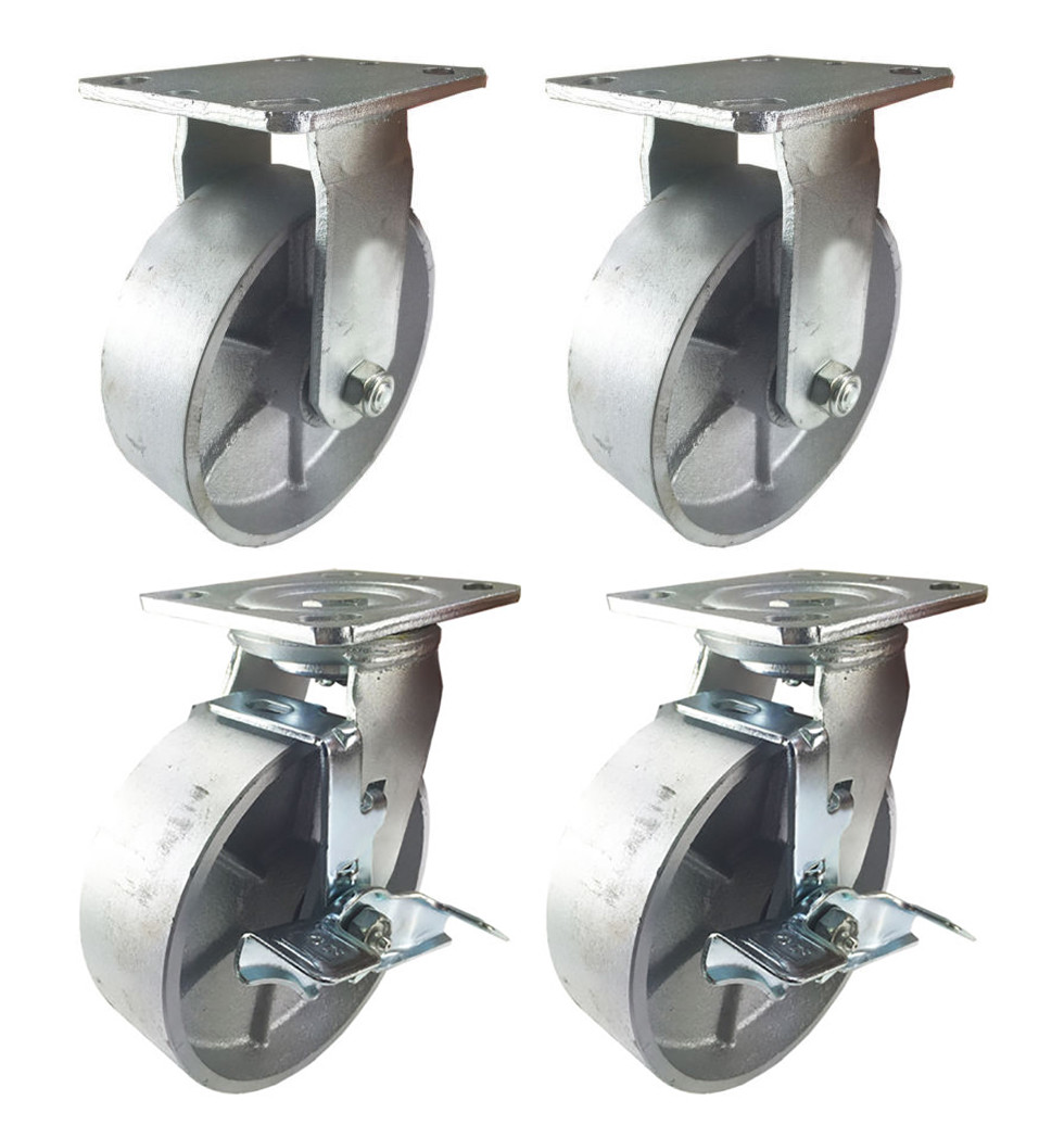 4 Heavy Duty Caster Set 4" 5" 6" All Steel Wheels Rigid Swivel and Brake
