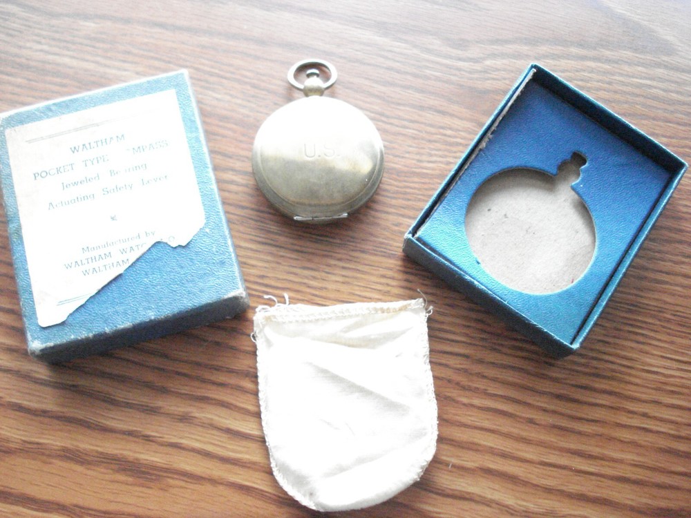 REAL NICE ,SCARCE,WW-2 BRASS WALTHAM COMPASS W/ORIGINAL POUCH AND BOX  W-24
