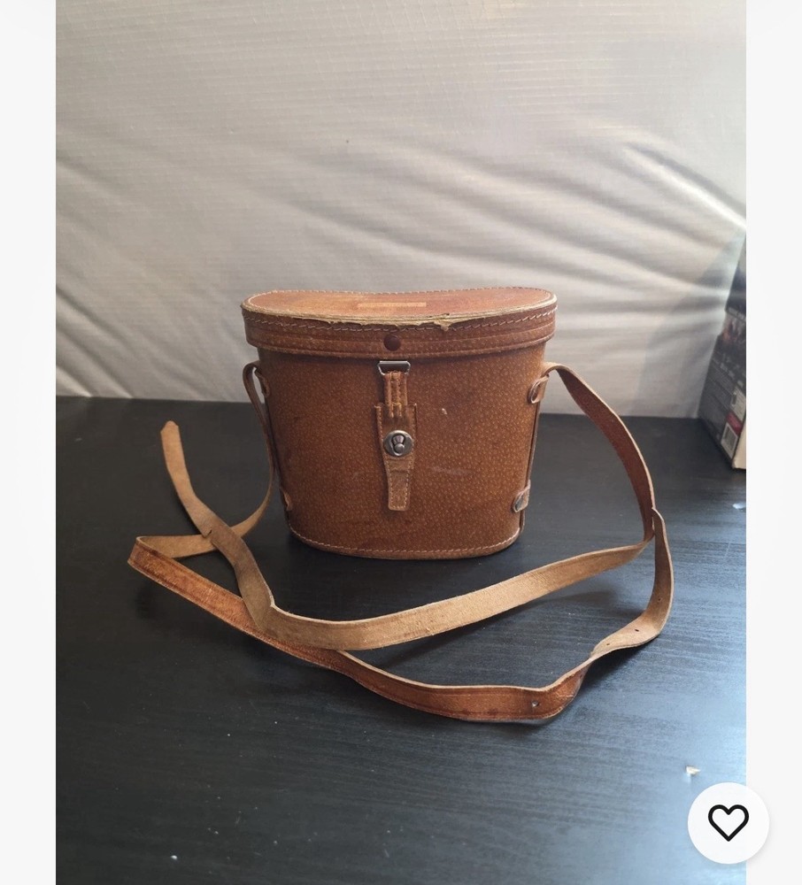 Vintage Brown Leather Binocular Case, Red Lining With Binoculars