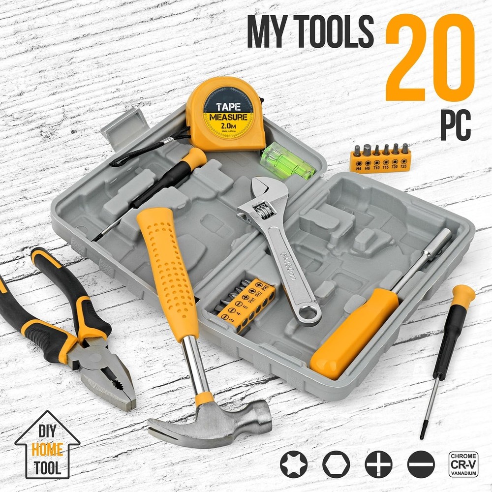 20 Pcs Basic Tool Kit, Compact Home Set with Mini Mini, Yelloww