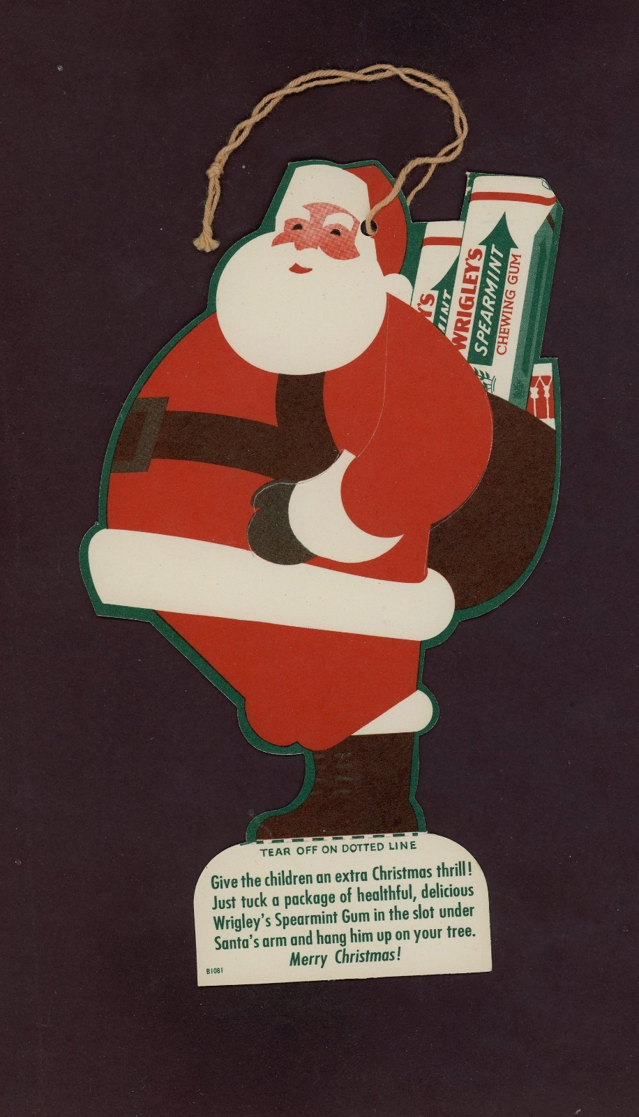 1930's WRIGLEY'S SPEARMINT GUM SANTA CHRISTMAS ORNIMENT, UNUSED, Double Sided