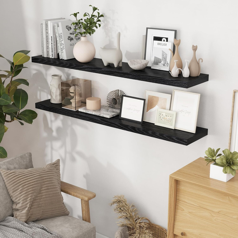 Rustic Black 55" Floating Shelf - 9.3" Deep Wall Mounted Storage Solution