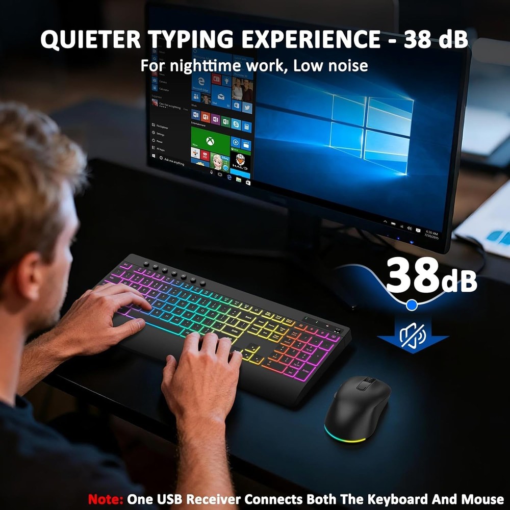 Wireless Keyboard and Mouse, 9 Backlit Effects with Wrist Rest, 6 Button Mouse