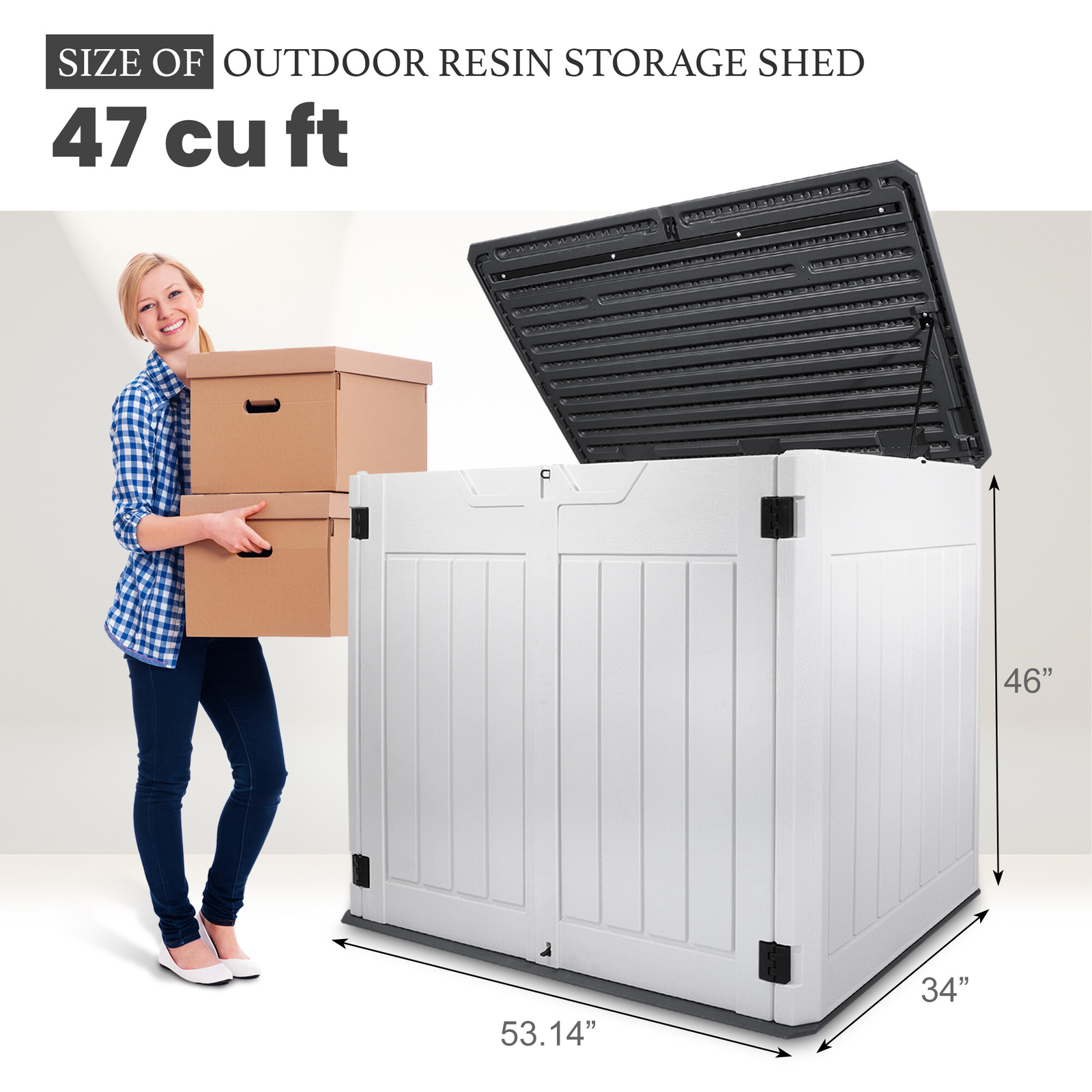 47 Cu.Ft Outdoor Storage Box Horizontal Resin Patio Garden Shed w/ Lockable Door