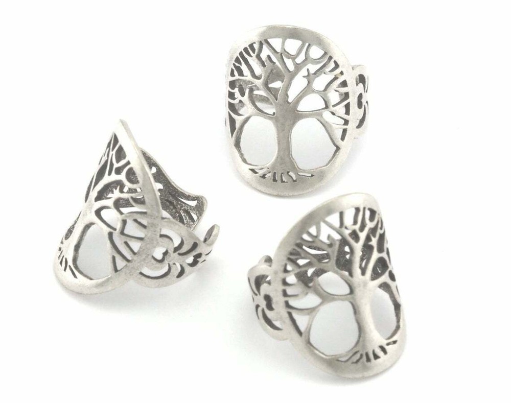 Tree oval statement adjustable ring Antique Silver Plated brass 5-8US size 4339