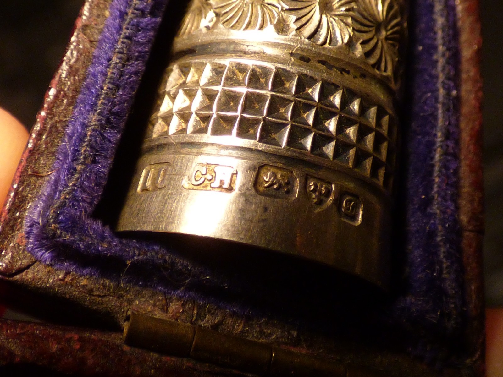 Antique Silver Thimble in Leather Case 1800s ? 10 CH Charles Horner