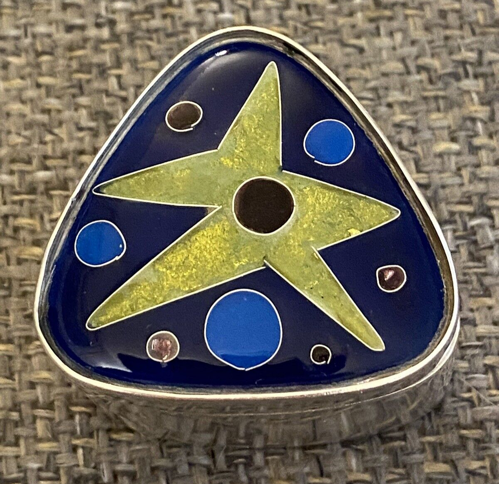 Hilda Kraus Mid Century Modern Sterling Silver & Enamel Triangular Box Signed