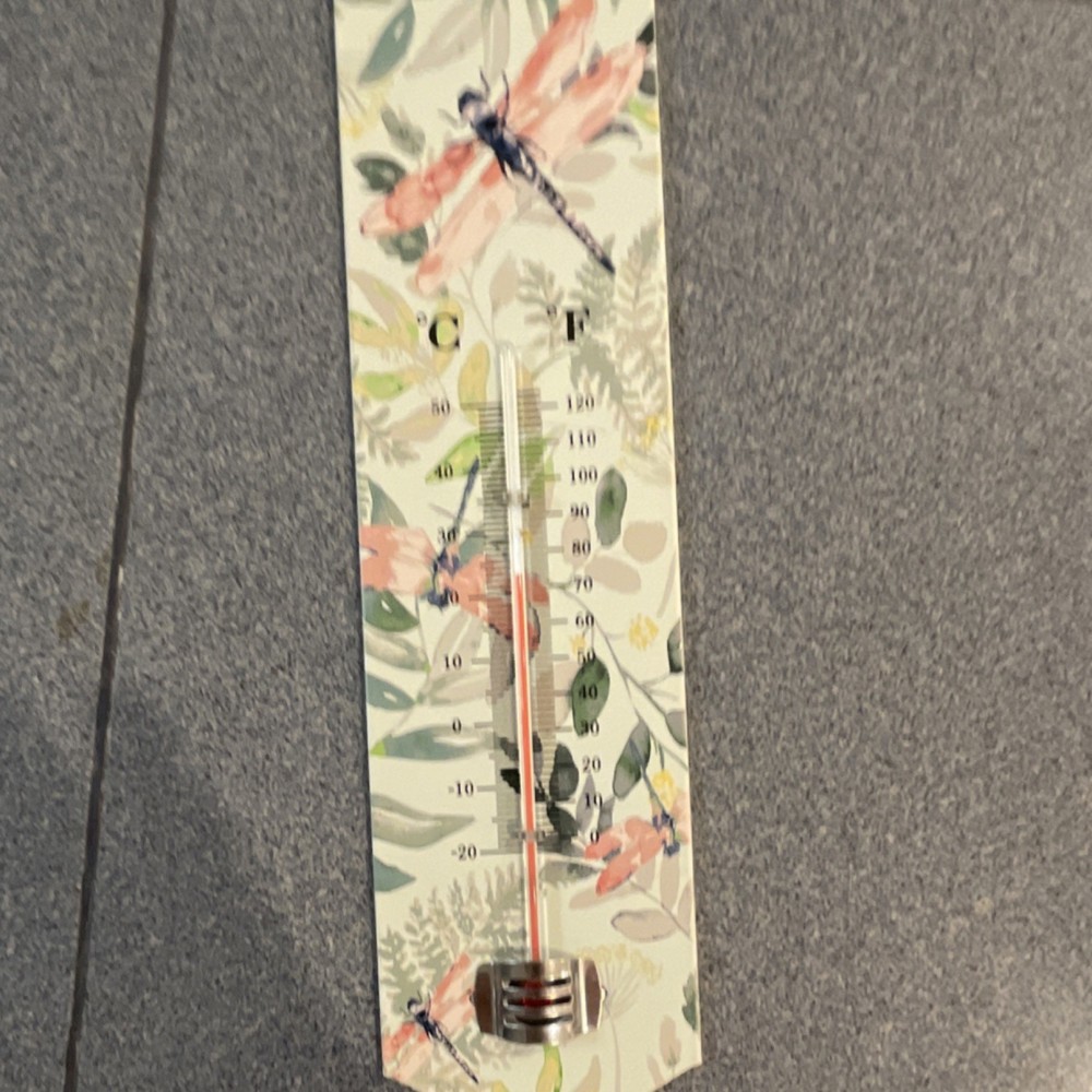 Floral Dragonfly Outdoor Metal Thermometer Analog Display Multicolor Rectangular