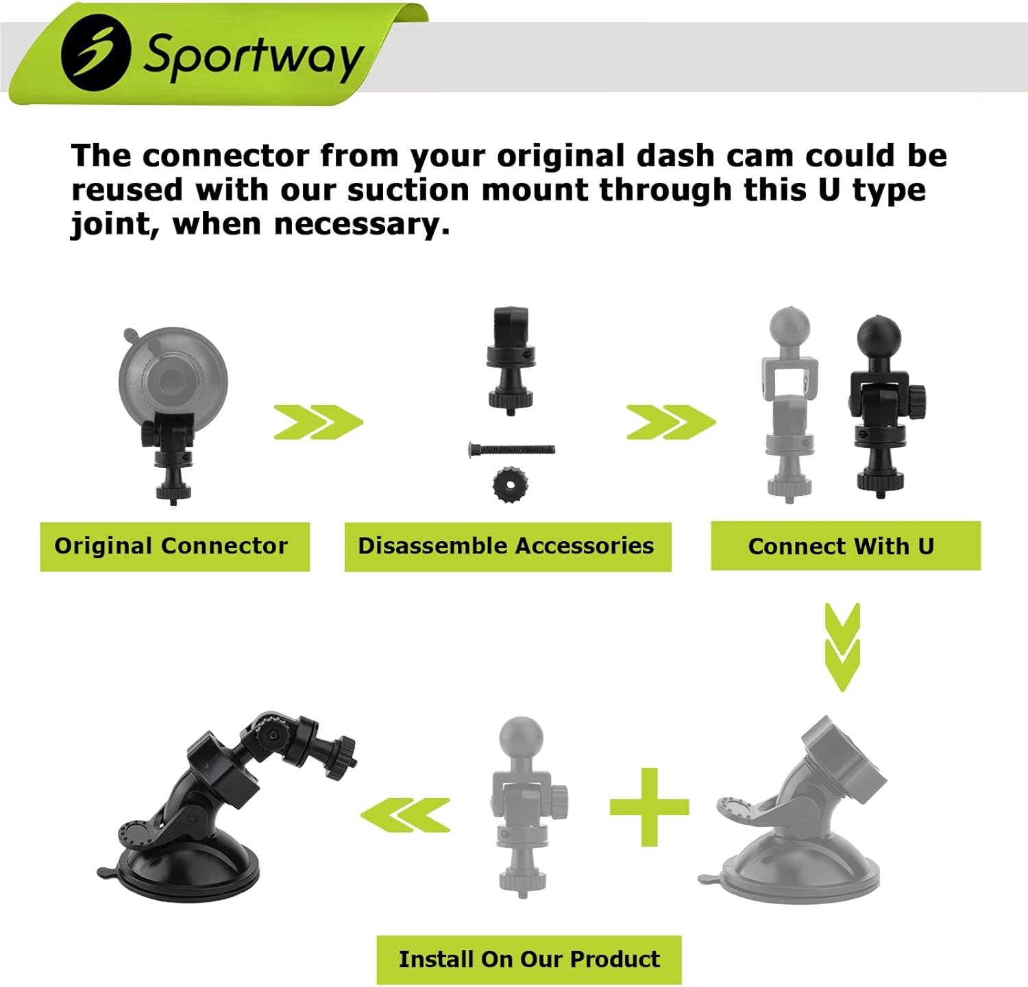 Sportway S10 Suction Cup Dash Cam Mount Holder with 6+pcs Joints for Black