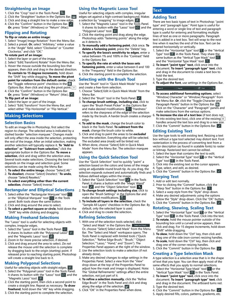 Adobe Photoshop Training Guide Quick Reference Card 4 Page Cheat Sheet Help