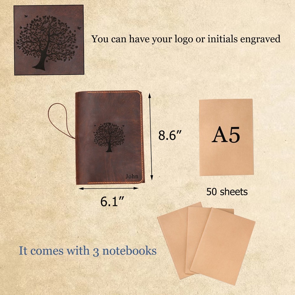 Personalized Trifold Leather Journal Cover, Refillable Journal Notebook A5 A6