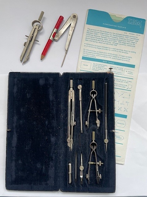 Vintage Compass drawing set ECOBRA Germany IBM Flowcharting Template Plus +