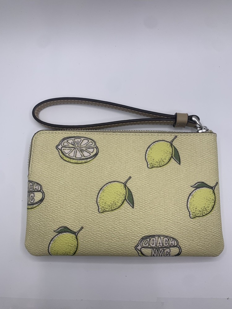 Coach Corner Zip Wristlet Lemon Print CBB80 NWT Silver Hardware