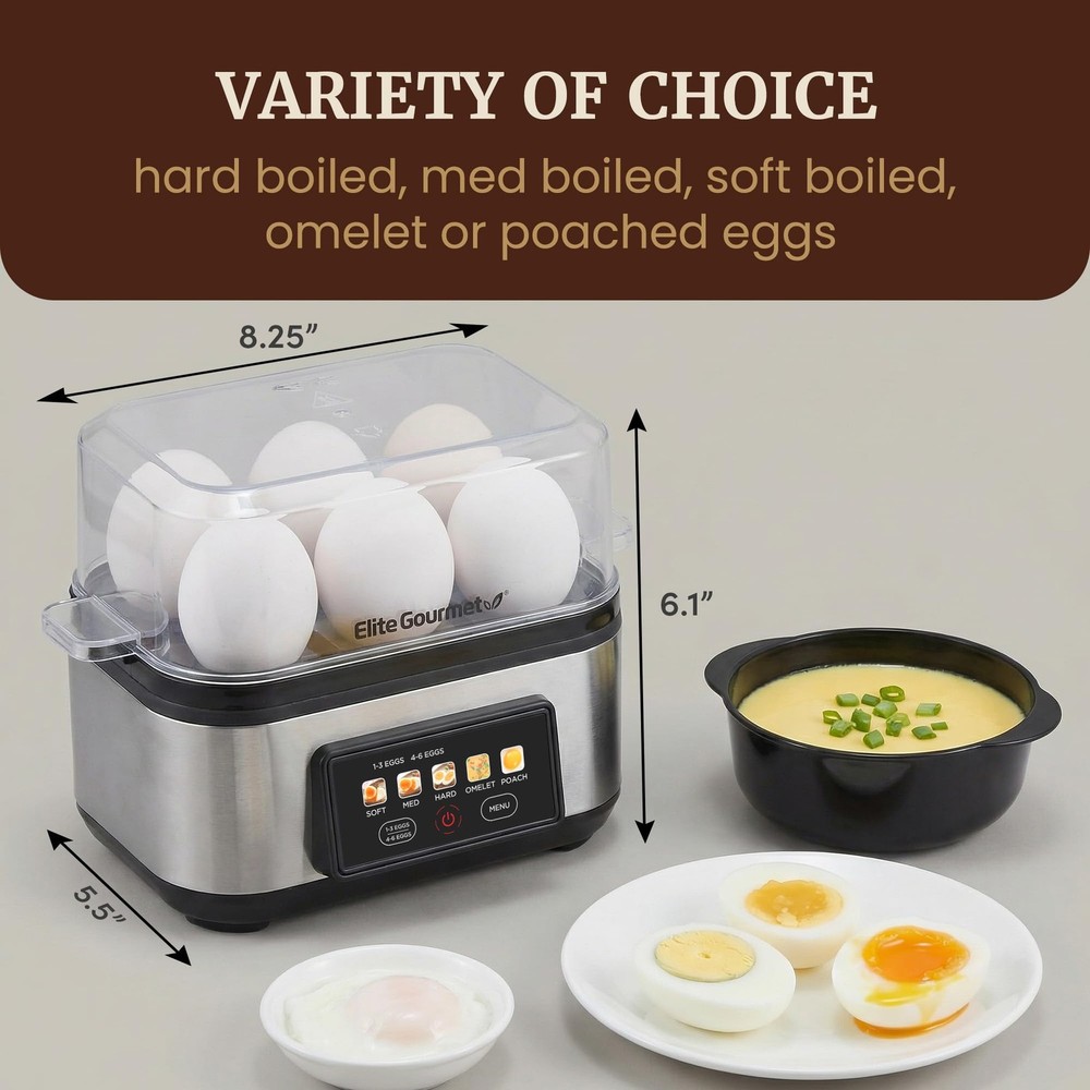 Digital Egg Cooker, 6 Egg Capacity, Soft/Medium/Hard Boiled, Poach & Omelet, ...