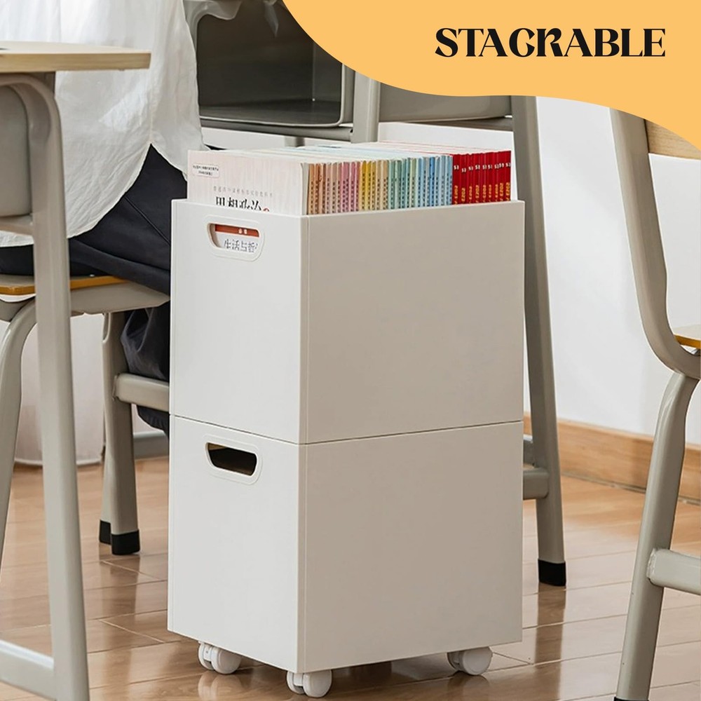 Rolling File Organizer with Wheels Stackable Storage Box Portable White