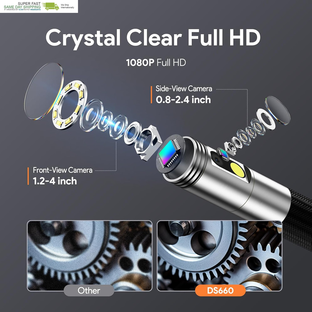 Dual Lens Borescope Camera with Light, Two-Way Articulating Borescope, 5" IPS Du