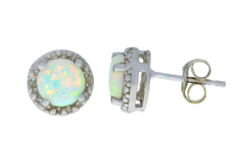 Created Opal 6mm & Diamond Round Stud Earrings 14Kt White Gold
