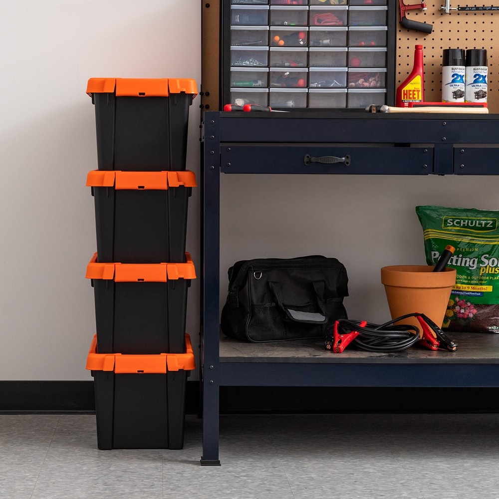 4-Pack 5 Gallon Black Plastic Latching Storage Bin with Lid Tote,