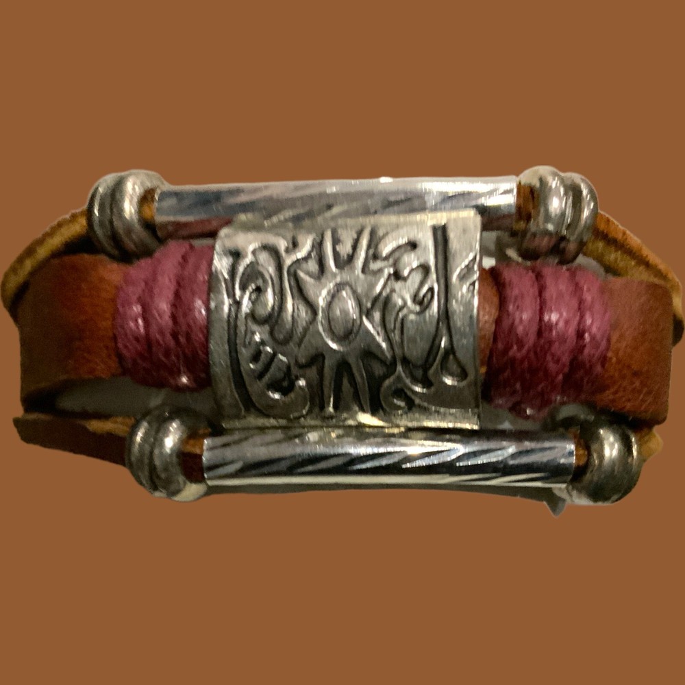 Sun Medallion Genuine Leather Multi Strand Zen Bracelet Adjustable Drawstrings