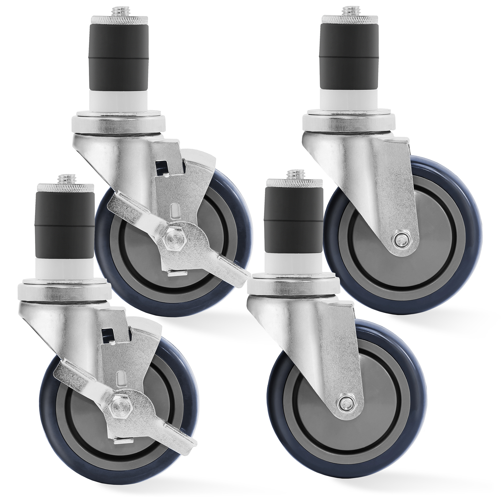 Set of 4 Commercial Caster Wheels, 2 with Brakes for Kitchen Prep & Work Tables