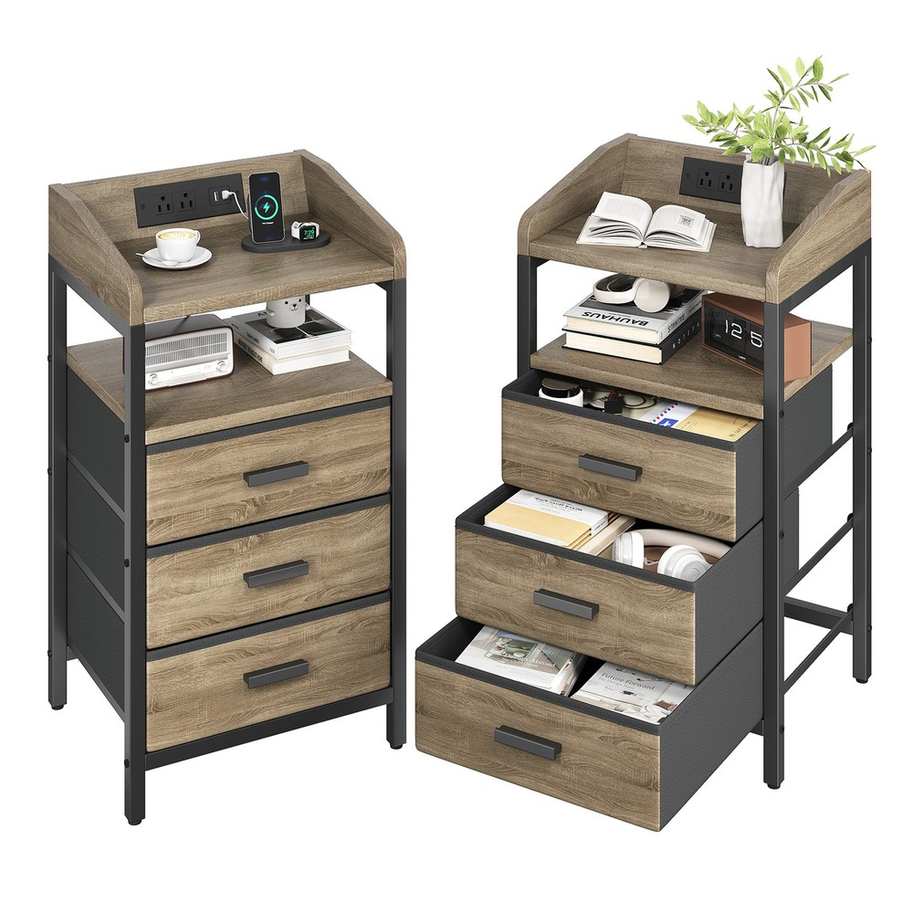 2 Pack Night Stand With Charging Station And Light Bedside End Table With 3