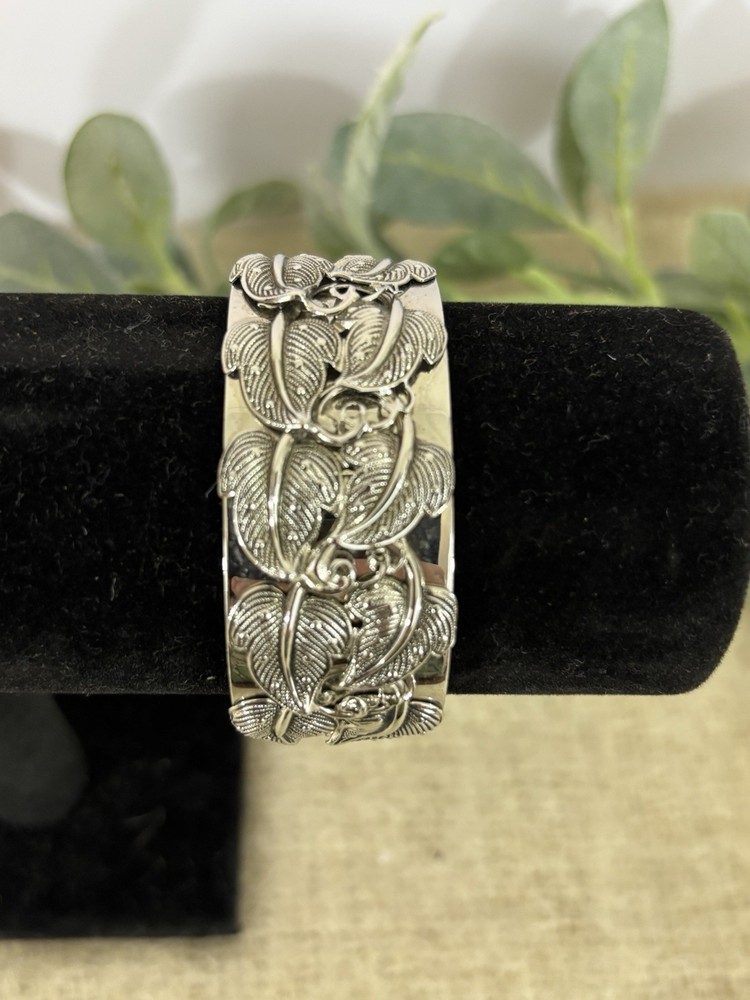 Whiting & Davis Silver Color Cuff Bracelet 3D Leaf Pattern