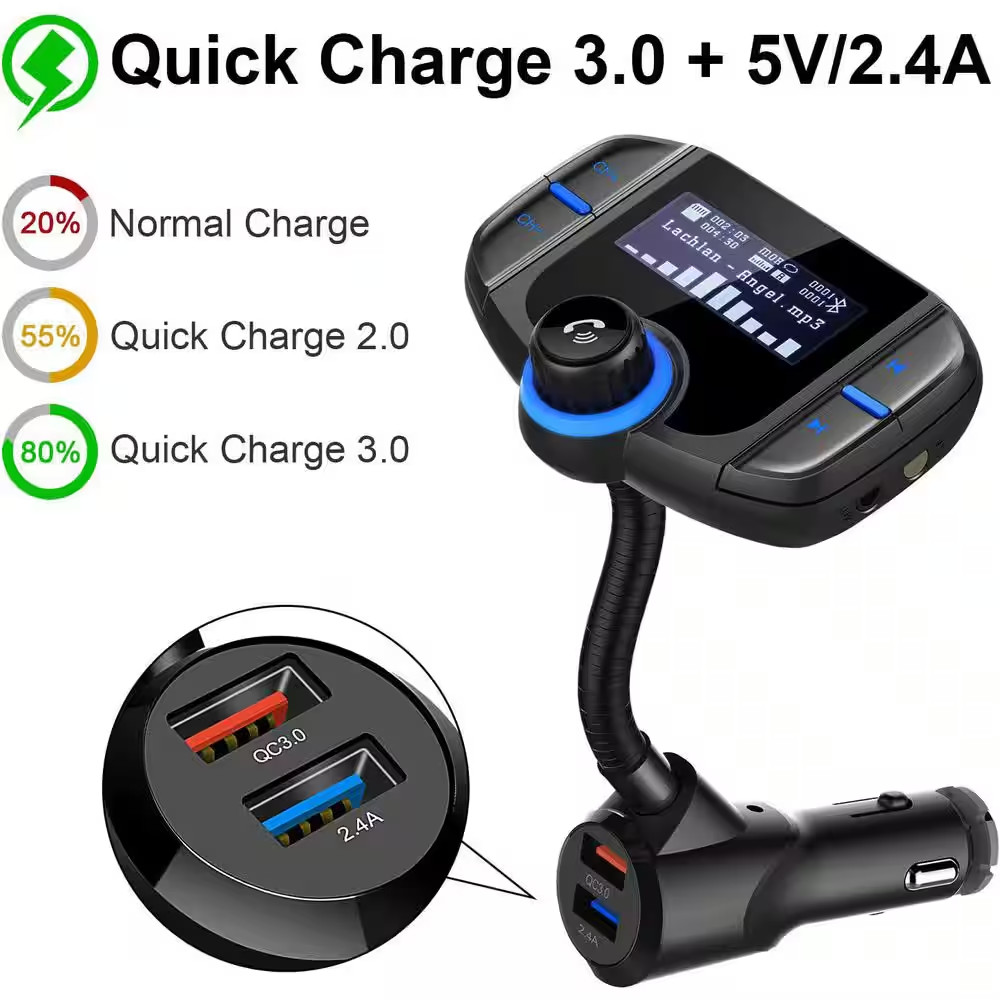 Bluetooth FM Transmitter Wireless Radio Adapter Car Kit with Display Dual USB Po