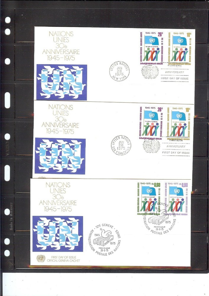 1975 UN 30th Anniversary Combination FDC's - All 3 Cancellations (130)