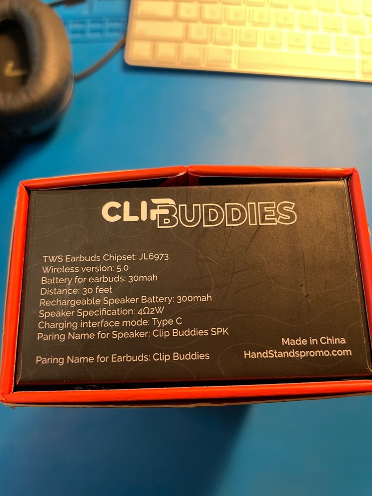 Clip Buddies Bluetooth Ear Buds & Speaker, Open Box - Mint. Tested working