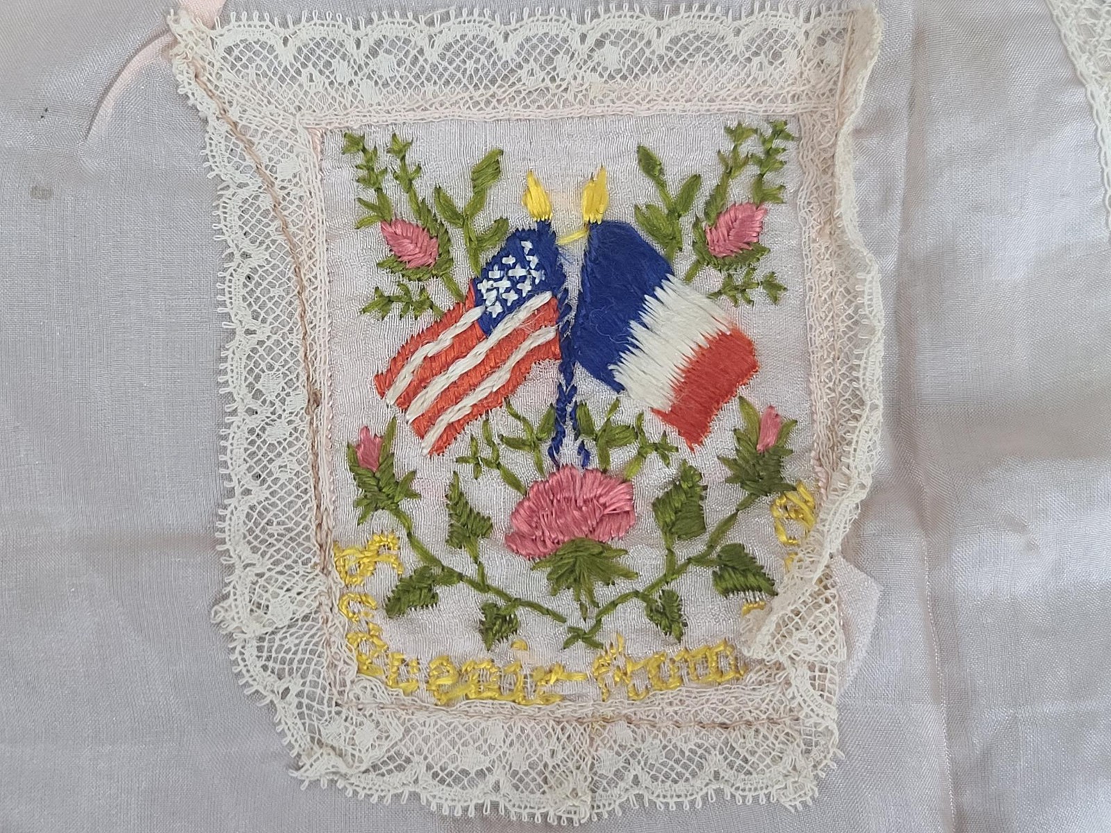 WWI Souvenir of France Silk Apron Allies Liberation Sweetheart Lace Duck Vintage