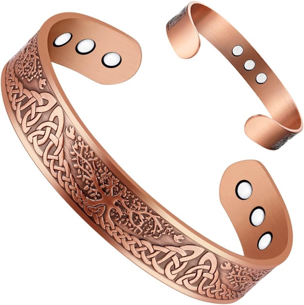 Men's Bracelet Magnetic Solid Pure Copper Bangle Tree Therapy Relief Arthritis