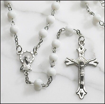 White Round Glass 6MM Beads Rosary 20" Length Virgin Mary Crucifix Medal