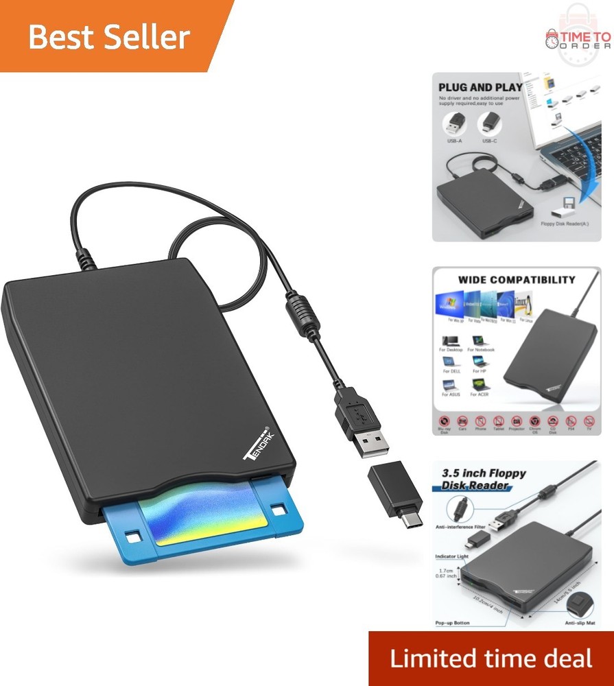 USB Floppy Disk Drive Portable 3.5 inch External Reader for Windows PCs Laptops