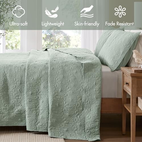 Quebec Reversible Quilt Set Damask Design, Double Sided Stitching Full Seafoam