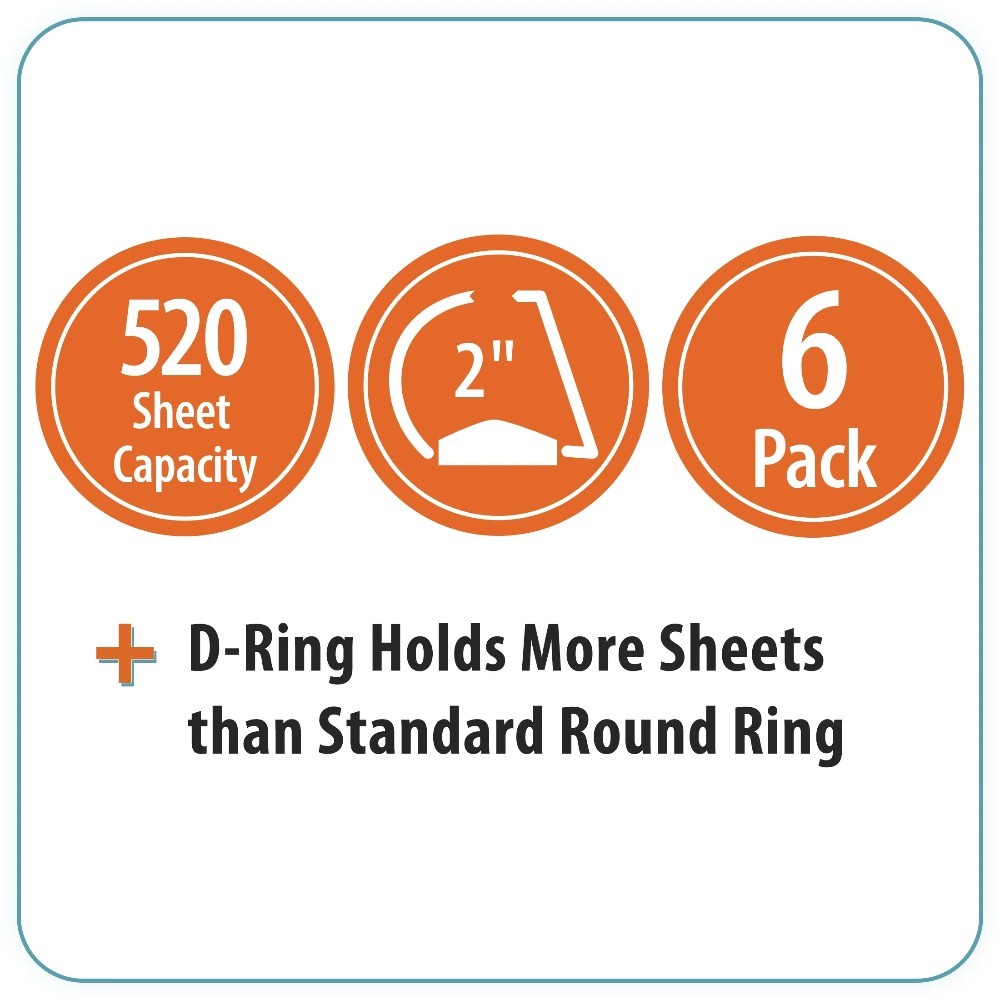 3-Ring Durable View Binder, 2 inch Binder Ring Type, Slant D-Ring, White, 6 Pack