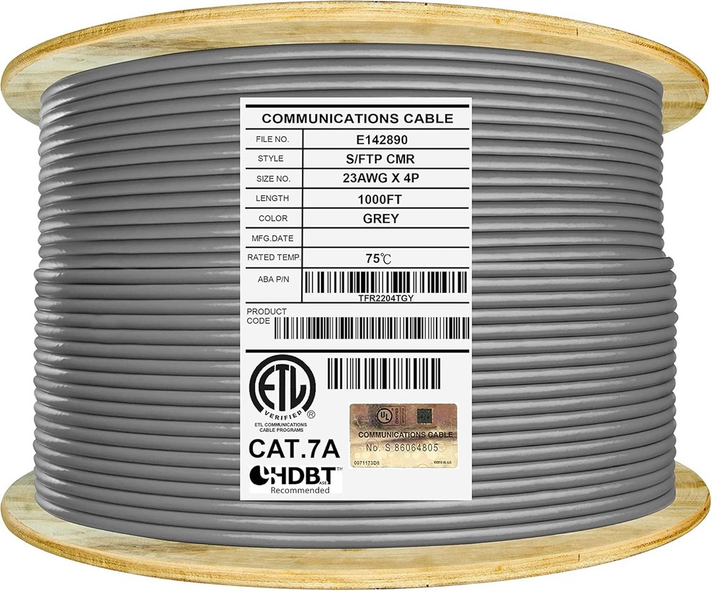 Premium CAT.7A 23AWG Solid Copper Shielded Riser CMR Ethernet Cable 100ft CAT7