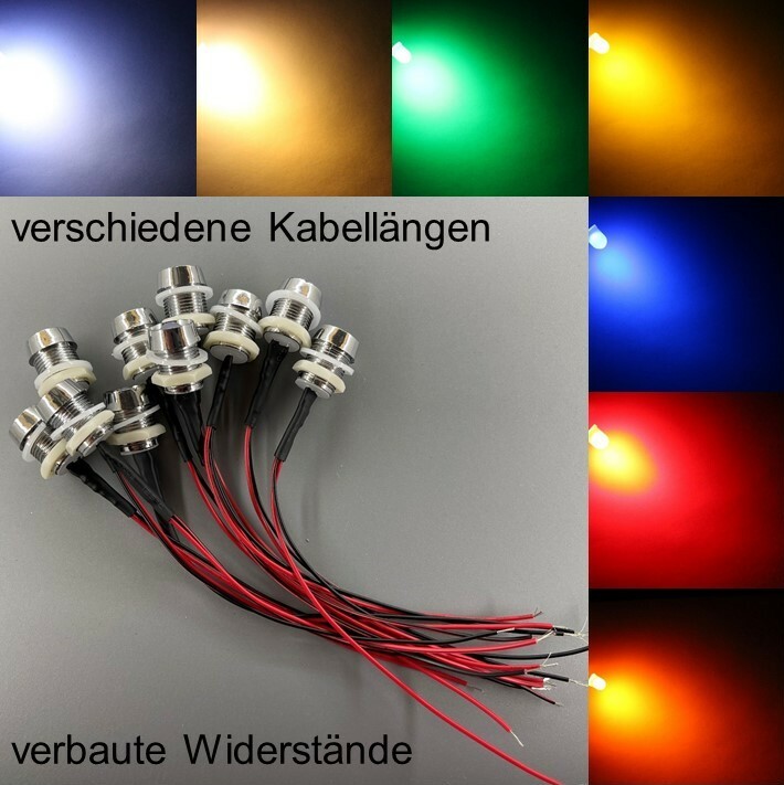 wired 10mm LEDs round diffuse sockets 10mm LED resistors screws +